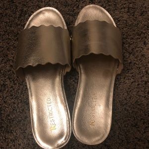 Restricted Gold slide sandals, new, size 7.5
